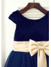 Navy Blue Velvet Tulle Tea Length Flower Girl Dress
